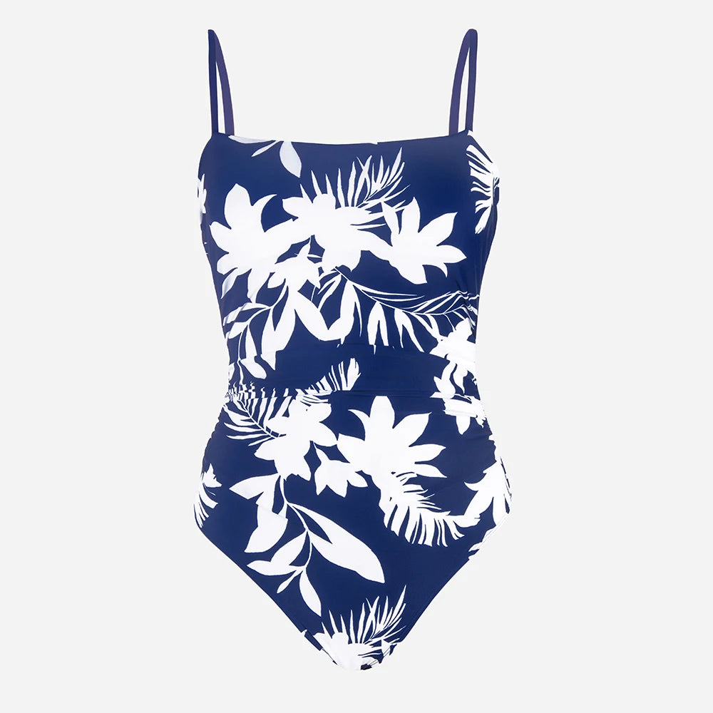 Ruched Tropical Strappy One-Piece Swimsuit - Polyester Floral Design