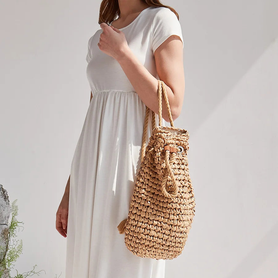Summer Straw Drawstring Backpack - Premium Natural Straw Polyester Lined Beach Bag