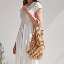 Summer Straw Drawstring Backpack - Premium Natural Straw Polyester Lined Beach Bag