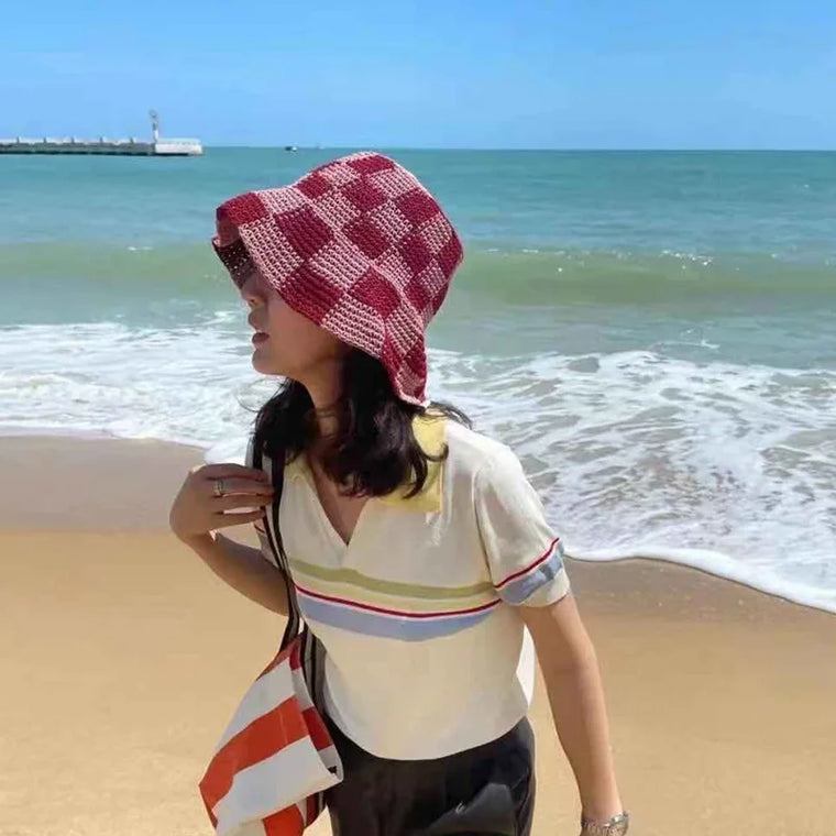 Lattice Handmade Crochet Bucket Hat - Intricate Plaid Polyester Artisan Design