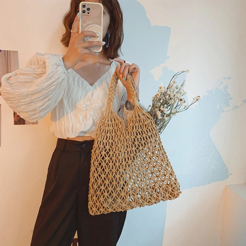 Knitted Rattan Large Capacity Handbag - Durable Natural Straw 35x38cm