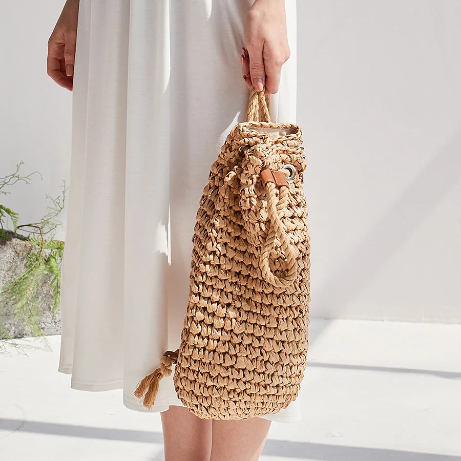 Summer Straw Drawstring Backpack - Premium Natural Straw Polyester Lined Beach Bag