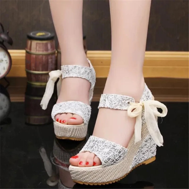 Floral High Heel Wedge Sandals - 8cm Lace Platform Romantic Design