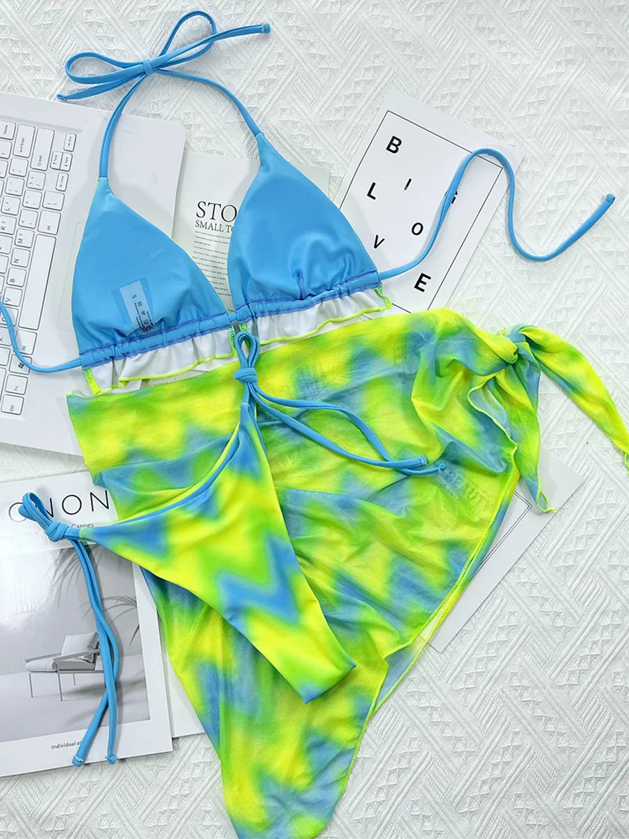Tie Dye Halter Ruffled Bikini Set - Removable Pads Artistic Design