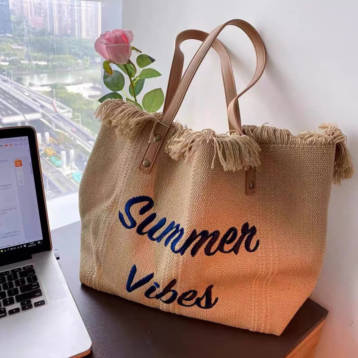 Casual Canvas Large Tote Bag - Cotton Polyester Solid Spacious Design