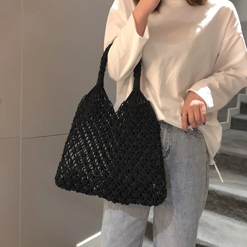 Knitted Rattan Large Capacity Handbag - Durable Natural Straw 35x38cm
