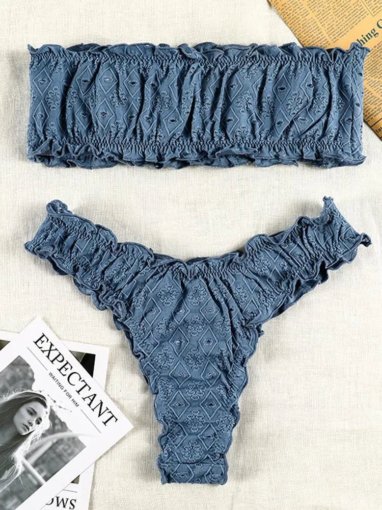 Sexy Bandeau Ruffles Bikini Set - Wire-Free Low Waist Romantic Design