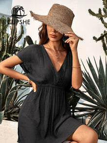 Black Plunge Elastic Waist Bikini Cover Up - Durable Polyester New Arrival