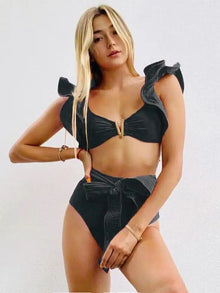 Push-Up Padded Bra Ruffles Bandage Bikini Set - Wire-Free Feminine Design
