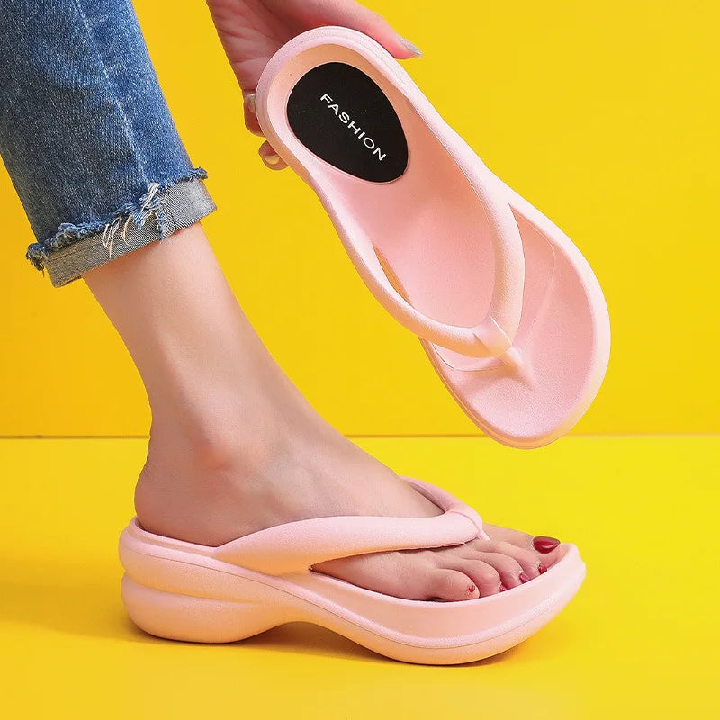 Thick Sole Wedge Flip Flops - 5.5cm PU Platform Elevated Beach Design